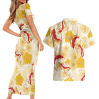 Beige Palaka Hawaii Aloha Couples Matching Short Sleeve Bodycon Dress and Hawaiian Shirt Koi Pond Mix Ilima Flowers LT7 - Polynesian Pride