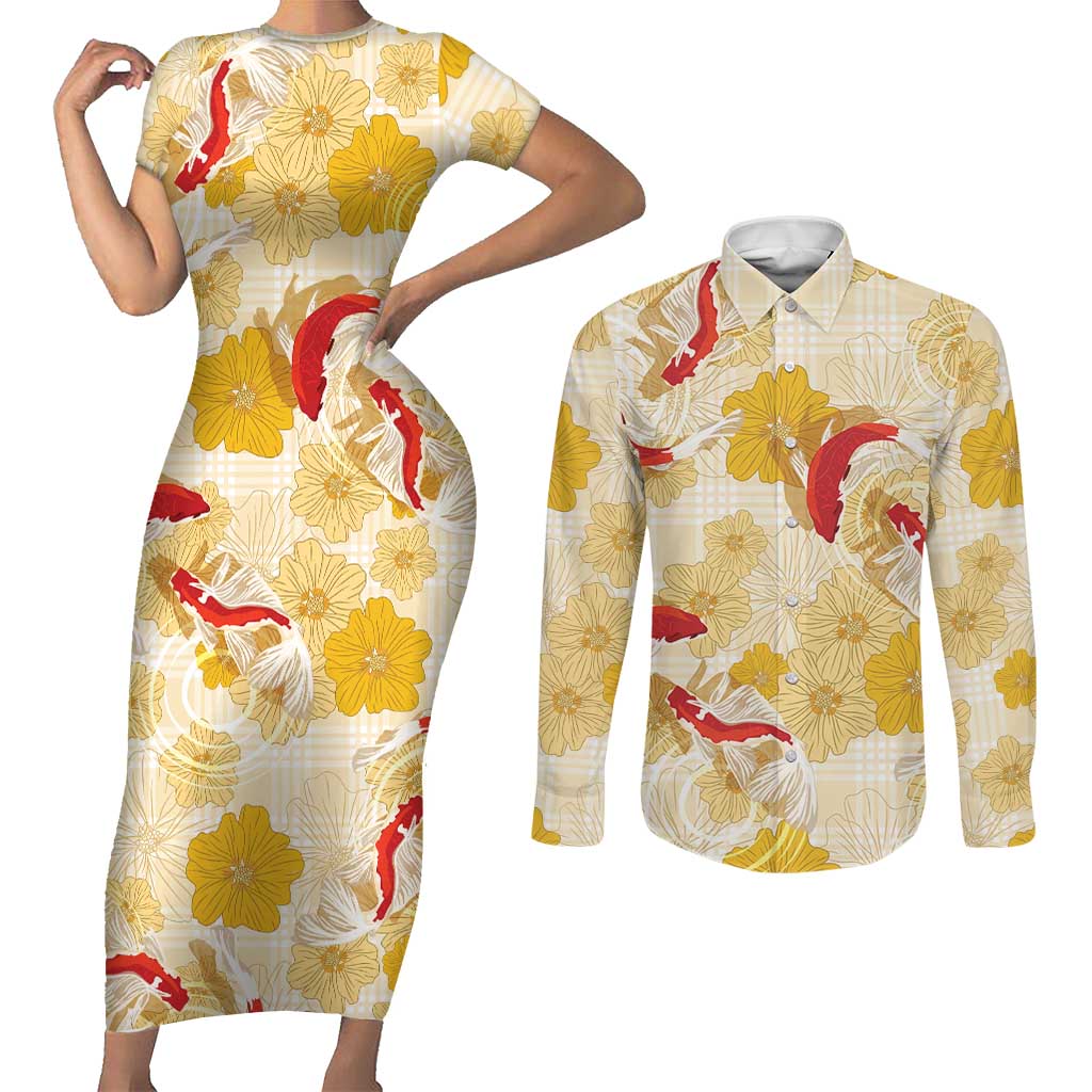 Beige Palaka Hawaii Aloha Couples Matching Short Sleeve Bodycon Dress and Long Sleeve Button Shirt Koi Pond Mix Ilima Flowers LT7 Cream Yellow - Polynesian Pride