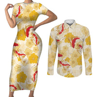Beige Palaka Hawaii Aloha Couples Matching Short Sleeve Bodycon Dress and Long Sleeve Button Shirt Koi Pond Mix Ilima Flowers - Polynesian Pride