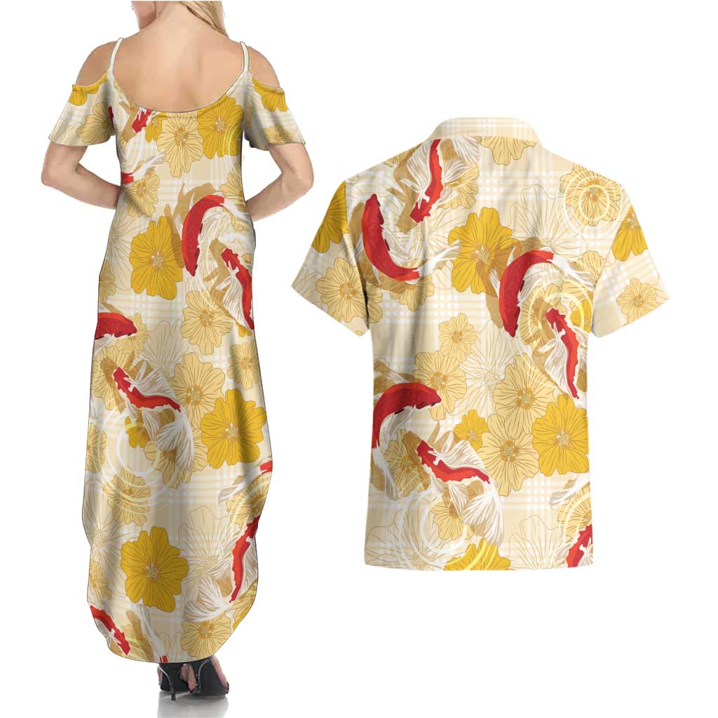 Beige Palaka Hawaii Aloha Couples Matching Summer Maxi Dress and Hawaiian Shirt Koi Pond Mix Ilima Flowers - Polynesian Pride