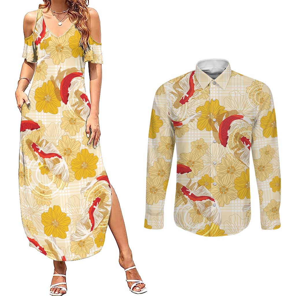 Beige Palaka Hawaii Aloha Couples Matching Summer Maxi Dress and Long Sleeve Button Shirt Koi Pond Mix Ilima Flowers - Polynesian Pride