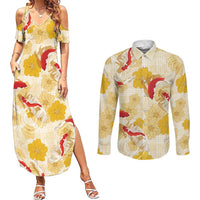 Beige Palaka Hawaii Aloha Couples Matching Summer Maxi Dress and Long Sleeve Button Shirt Koi Pond Mix Ilima Flowers - Polynesian Pride