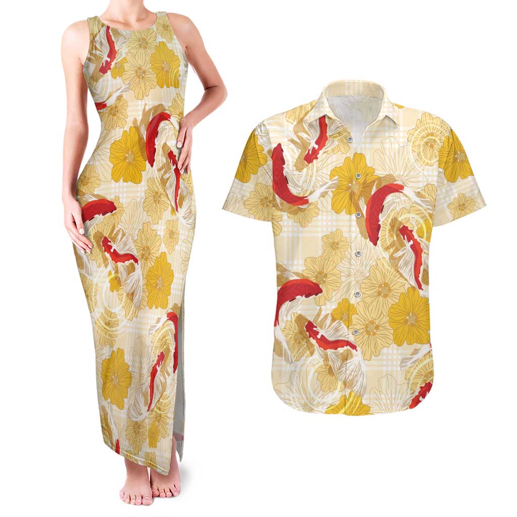 Beige Palaka Hawaii Aloha Couples Matching Tank Maxi Dress and Hawaiian Shirt Koi Pond Mix Ilima Flowers LT7 Cream Yellow - Polynesian Pride