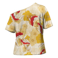 Beige Palaka Hawaii Aloha Cross Shoulder Shirt Koi Pond Mix Ilima Flowers - Polynesian Pride