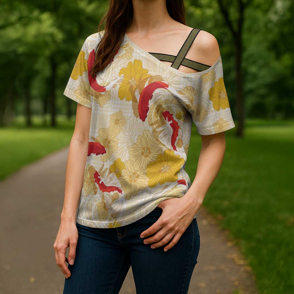 Beige Palaka Hawaii Aloha Cross Shoulder Shirt Koi Pond Mix Ilima Flowers - Polynesian Pride