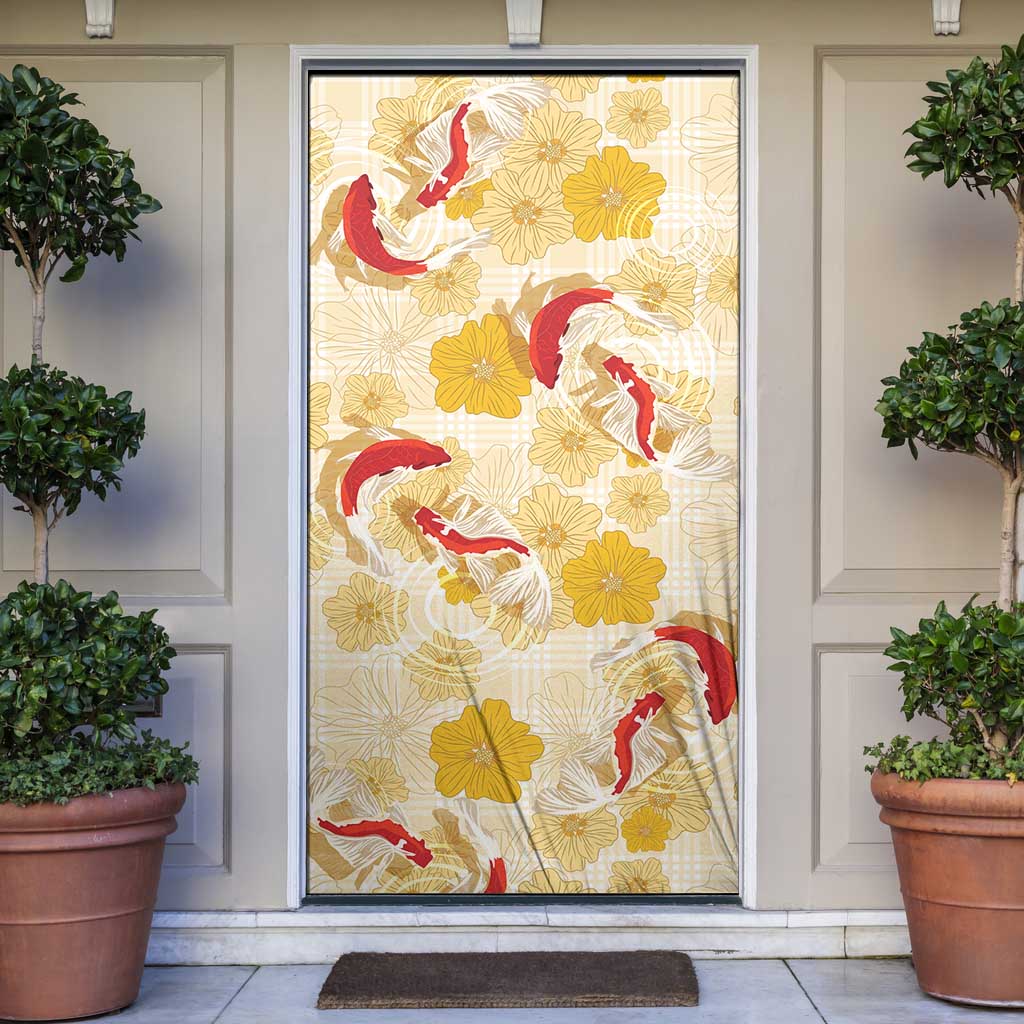 Beige Palaka Hawaii Aloha Door Cover Koi Pond Mix Ilima Flowers LT7 Cream Yellow - Polynesian Pride