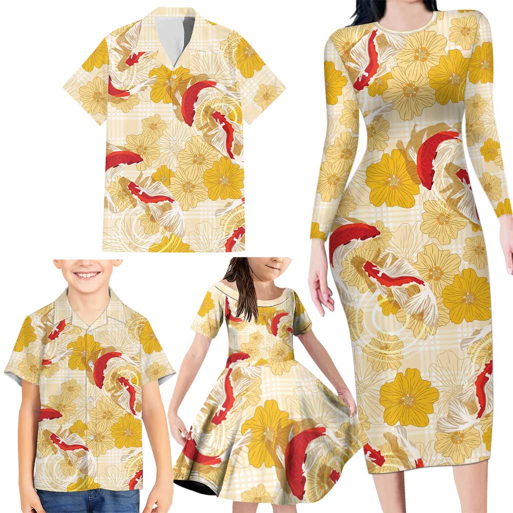 Beige Palaka Hawaii Aloha Family Matching Long Sleeve Bodycon Dress and Hawaiian Shirt Koi Pond Mix Ilima Flowers LT7 - Polynesian Pride