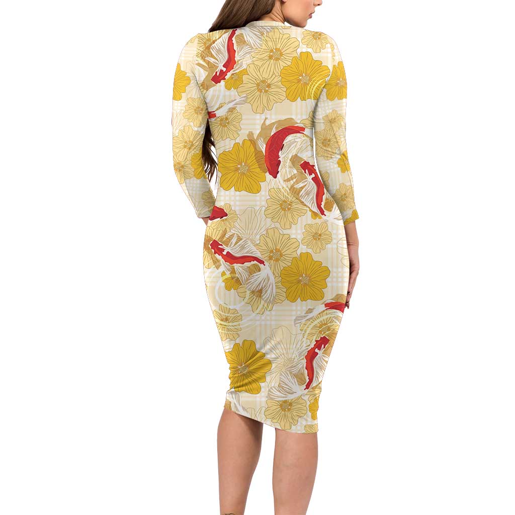 Beige Palaka Hawaii Aloha Family Matching Long Sleeve Bodycon Dress and Hawaiian Shirt Koi Pond Mix Ilima Flowers LT7 - Polynesian Pride