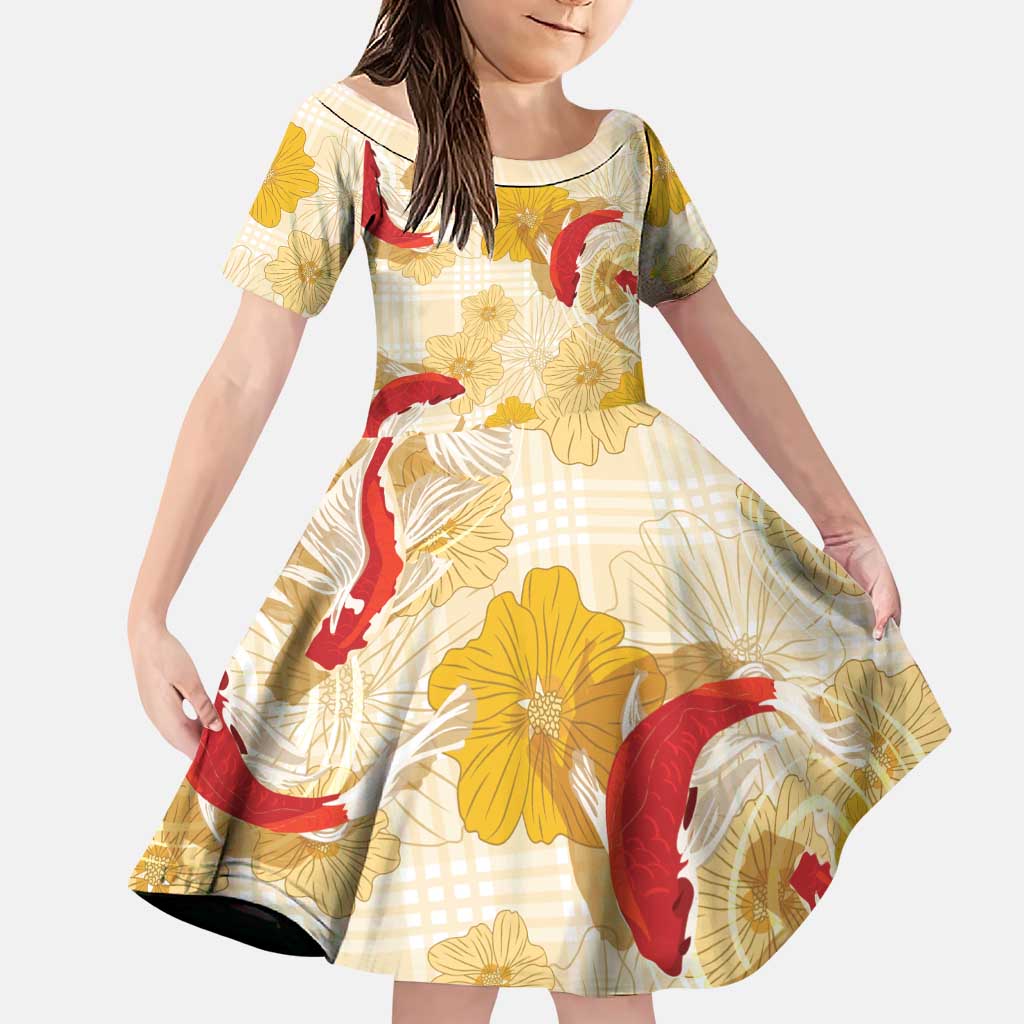 Beige Palaka Hawaii Aloha Family Matching Mermaid Dress and Hawaiian Shirt Koi Pond Mix Ilima Flowers LT7 Daughter's Dress Cream Yellow - Polynesian Pride
