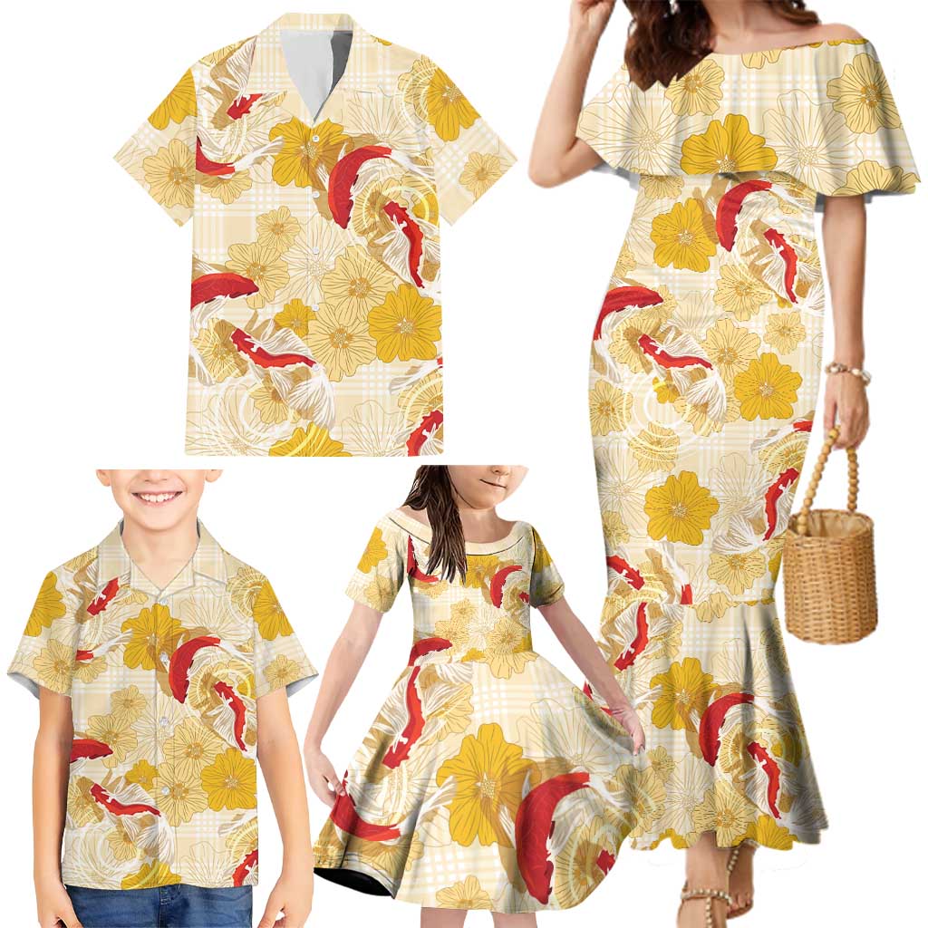 Beige Palaka Hawaii Aloha Family Matching Mermaid Dress and Hawaiian Shirt Koi Pond Mix Ilima Flowers LT7 - Polynesian Pride