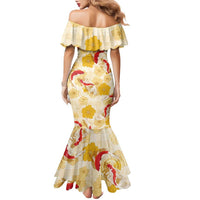 Beige Palaka Hawaii Aloha Family Matching Mermaid Dress and Hawaiian Shirt Koi Pond Mix Ilima Flowers LT7 - Polynesian Pride