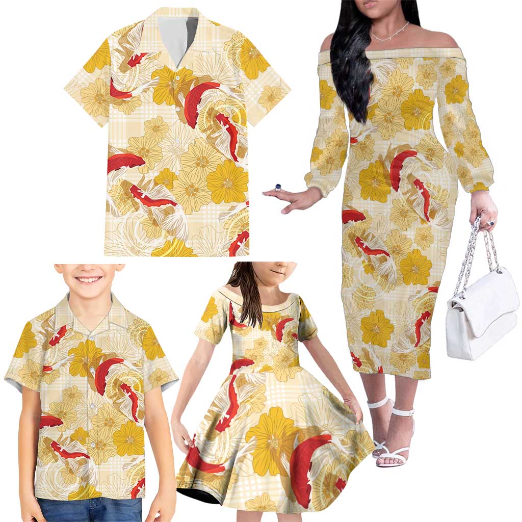 Beige Palaka Hawaii Aloha Family Matching Off The Shoulder Long Sleeve Dress and Hawaiian Shirt Koi Pond Mix Ilima Flowers LT7 - Polynesian Pride