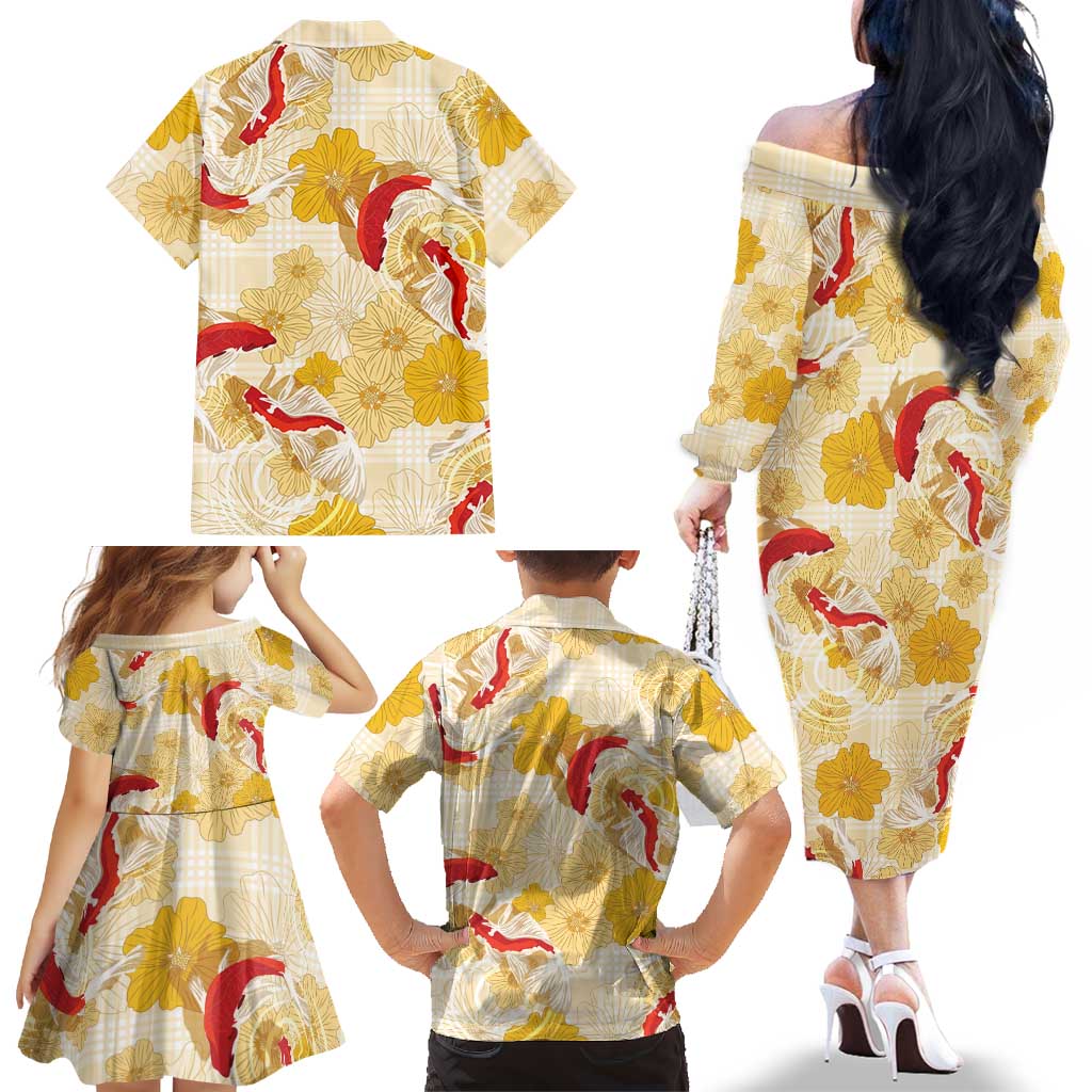 Beige Palaka Hawaii Aloha Family Matching Off The Shoulder Long Sleeve Dress and Hawaiian Shirt Koi Pond Mix Ilima Flowers LT7 - Polynesian Pride