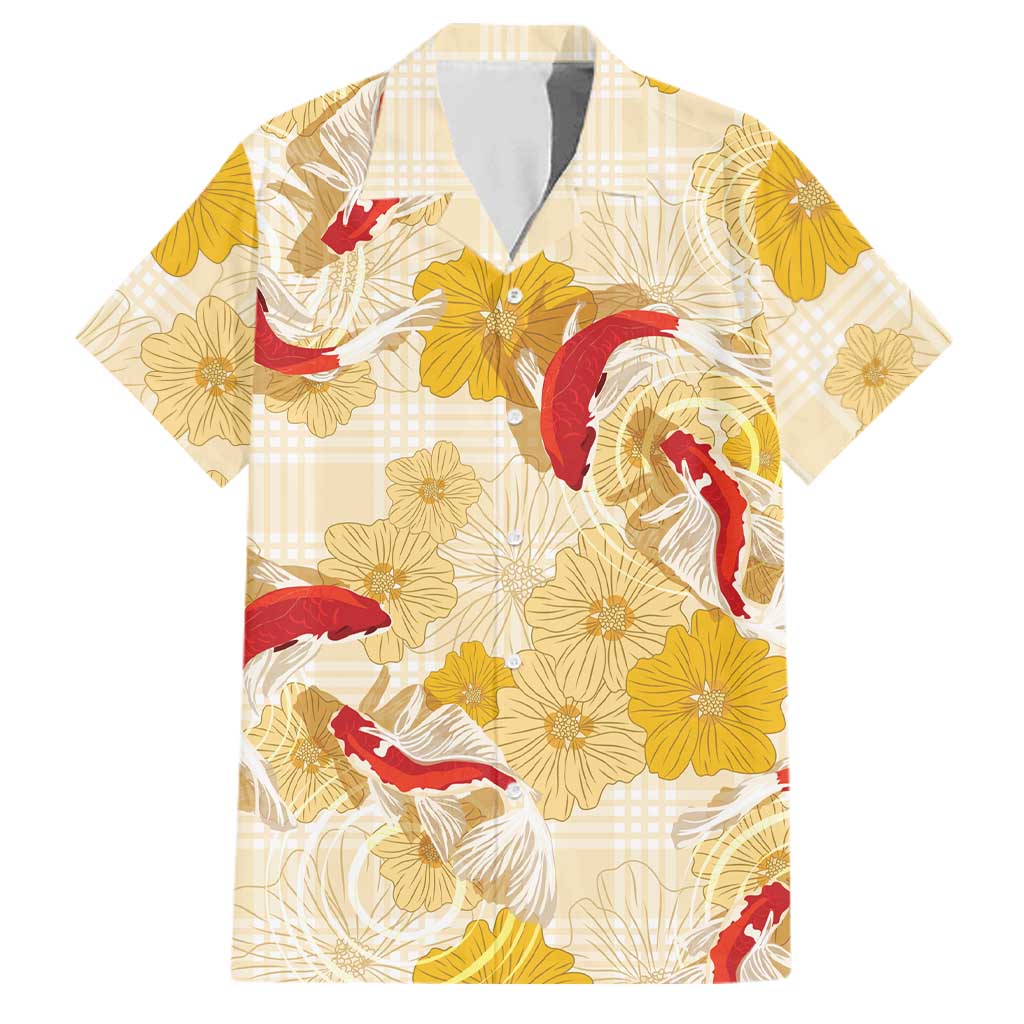 Beige Palaka Hawaii Aloha Family Matching Off The Shoulder Long Sleeve Dress and Hawaiian Shirt Koi Pond Mix Ilima Flowers LT7 Dad's Shirt - Short Sleeve Cream Yellow - Polynesian Pride