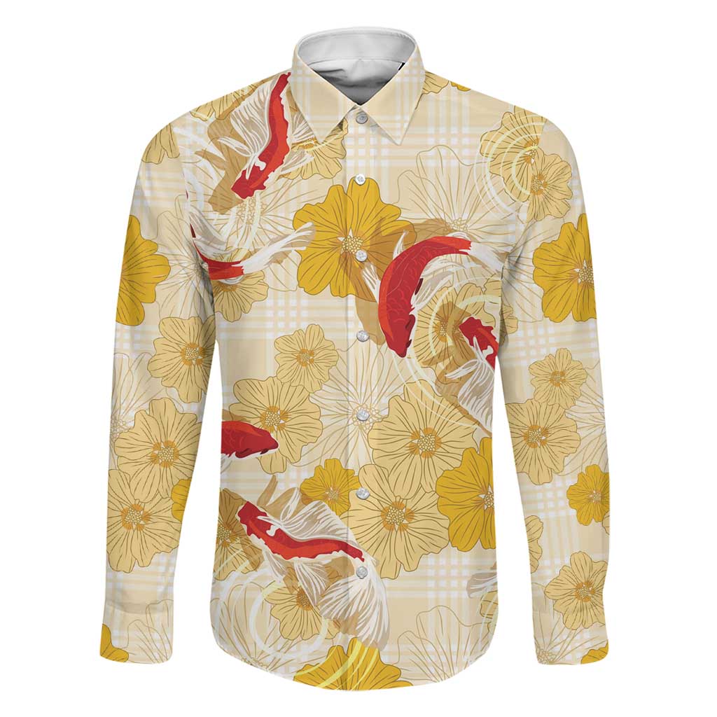 Beige Palaka Hawaii Aloha Family Matching Off The Shoulder Long Sleeve Dress and Hawaiian Shirt Koi Pond Mix Ilima Flowers LT7 Dad's Shirt - Long Sleeve Cream Yellow - Polynesian Pride