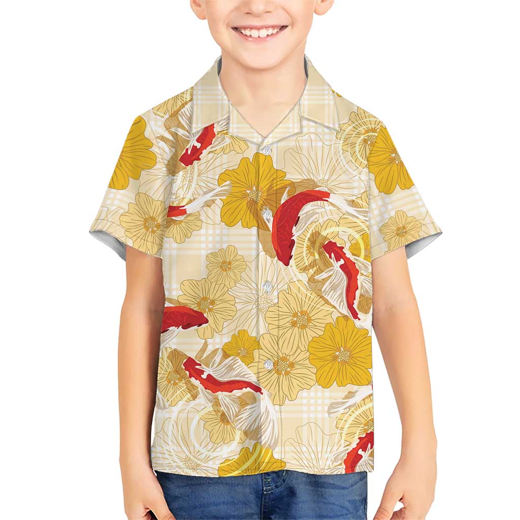 Beige Palaka Hawaii Aloha Family Matching Off The Shoulder Long Sleeve Dress and Hawaiian Shirt Koi Pond Mix Ilima Flowers LT7 - Polynesian Pride