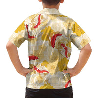 Beige Palaka Hawaii Aloha Family Matching Off Shoulder Maxi Dress and Hawaiian Shirt Koi Pond Mix Ilima Flowers LT7 - Polynesian Pride