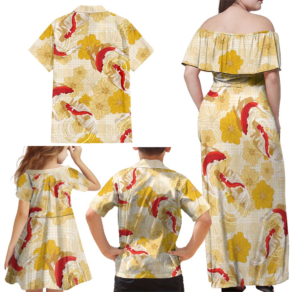 Beige Palaka Hawaii Aloha Family Matching Off Shoulder Maxi Dress and Hawaiian Shirt Koi Pond Mix Ilima Flowers LT7 - Polynesian Pride