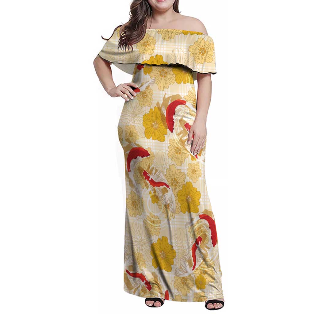 Beige Palaka Hawaii Aloha Family Matching Off Shoulder Maxi Dress and Hawaiian Shirt Koi Pond Mix Ilima Flowers LT7 Cream Yellow - Polynesian Pride