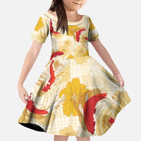 Beige Palaka Hawaii Aloha Family Matching Off Shoulder Short Dress and Hawaiian Shirt Koi Pond Mix Ilima Flowers LT7 Daughter's Dress Cream Yellow - Polynesian Pride