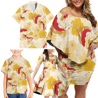 Beige Palaka Hawaii Aloha Family Matching Off Shoulder Short Dress and Hawaiian Shirt Koi Pond Mix Ilima Flowers LT7 - Polynesian Pride