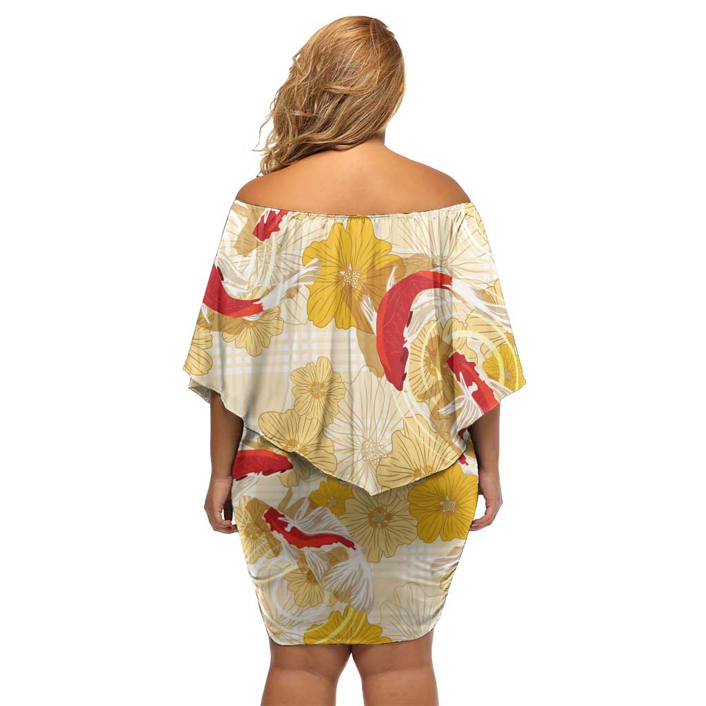 Beige Palaka Hawaii Aloha Family Matching Off Shoulder Short Dress and Hawaiian Shirt Koi Pond Mix Ilima Flowers LT7 - Polynesian Pride