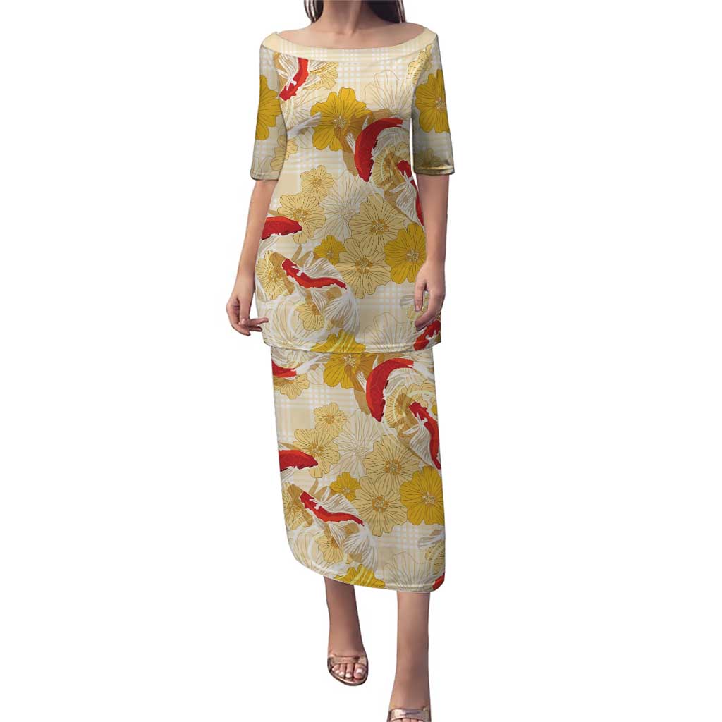 Beige Palaka Hawaii Aloha Family Matching Puletasi and Hawaiian Shirt Koi Pond Mix Ilima Flowers LT7 Cream Yellow - Polynesian Pride