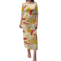 Beige Palaka Hawaii Aloha Family Matching Puletasi and Hawaiian Shirt Koi Pond Mix Ilima Flowers LT7 Cream Yellow - Polynesian Pride