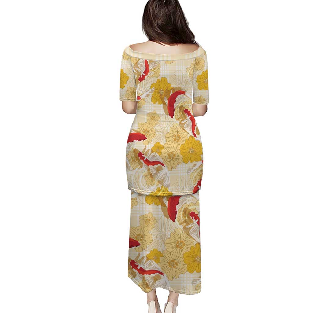 Beige Palaka Hawaii Aloha Family Matching Puletasi and Hawaiian Shirt Koi Pond Mix Ilima Flowers LT7 - Polynesian Pride