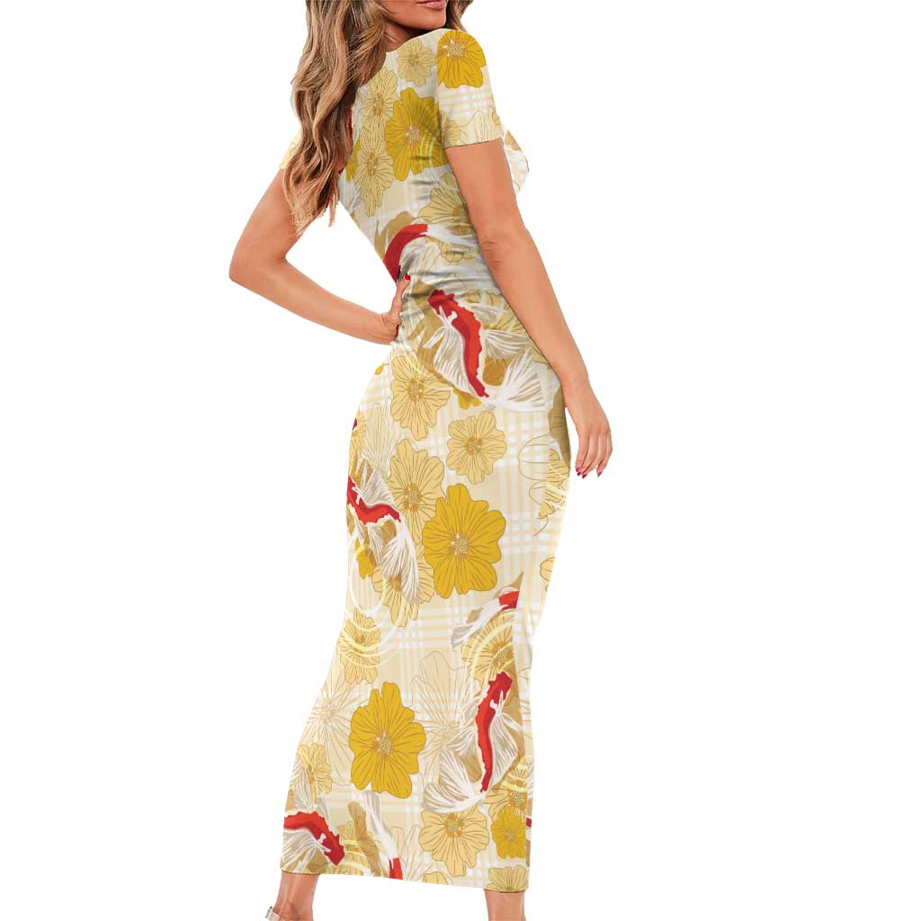 Beige Palaka Hawaii Aloha Family Matching Short Sleeve Bodycon Dress and Hawaiian Shirt Koi Pond Mix Ilima Flowers LT7 - Polynesian Pride