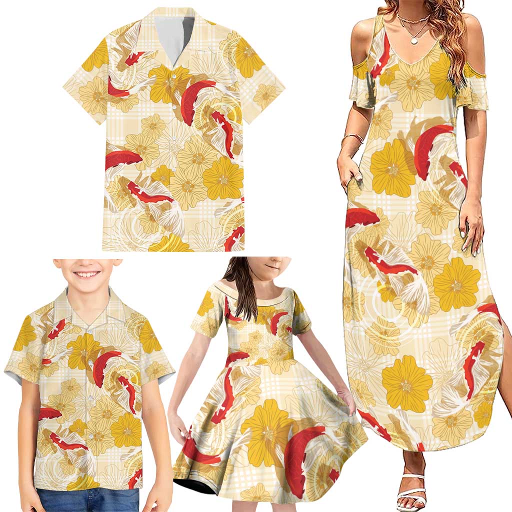 Beige Palaka Hawaii Aloha Family Matching Summer Maxi Dress and Hawaiian Shirt Koi Pond Mix Ilima Flowers LT7 - Polynesian Pride
