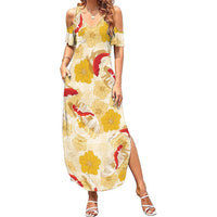 Beige Palaka Hawaii Aloha Family Matching Summer Maxi Dress and Hawaiian Shirt Koi Pond Mix Ilima Flowers LT7 Cream Yellow - Polynesian Pride