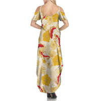 Beige Palaka Hawaii Aloha Family Matching Summer Maxi Dress and Hawaiian Shirt Koi Pond Mix Ilima Flowers LT7 - Polynesian Pride