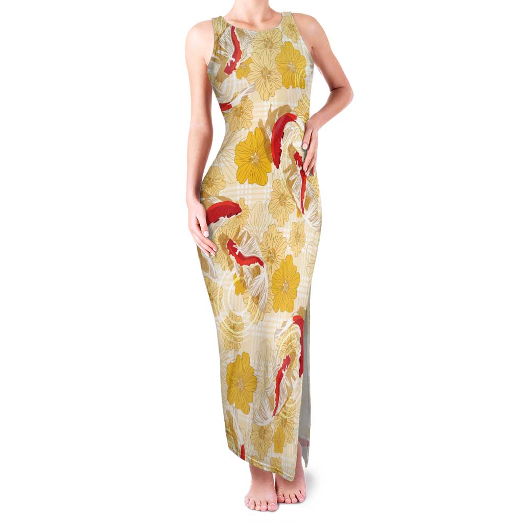 Beige Palaka Hawaii Aloha Family Matching Tank Maxi Dress and Hawaiian Shirt Koi Pond Mix Ilima Flowers LT7 Cream Yellow - Polynesian Pride