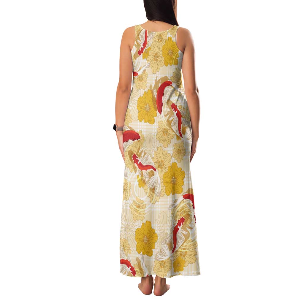 Beige Palaka Hawaii Aloha Family Matching Tank Maxi Dress and Hawaiian Shirt Koi Pond Mix Ilima Flowers LT7 - Polynesian Pride