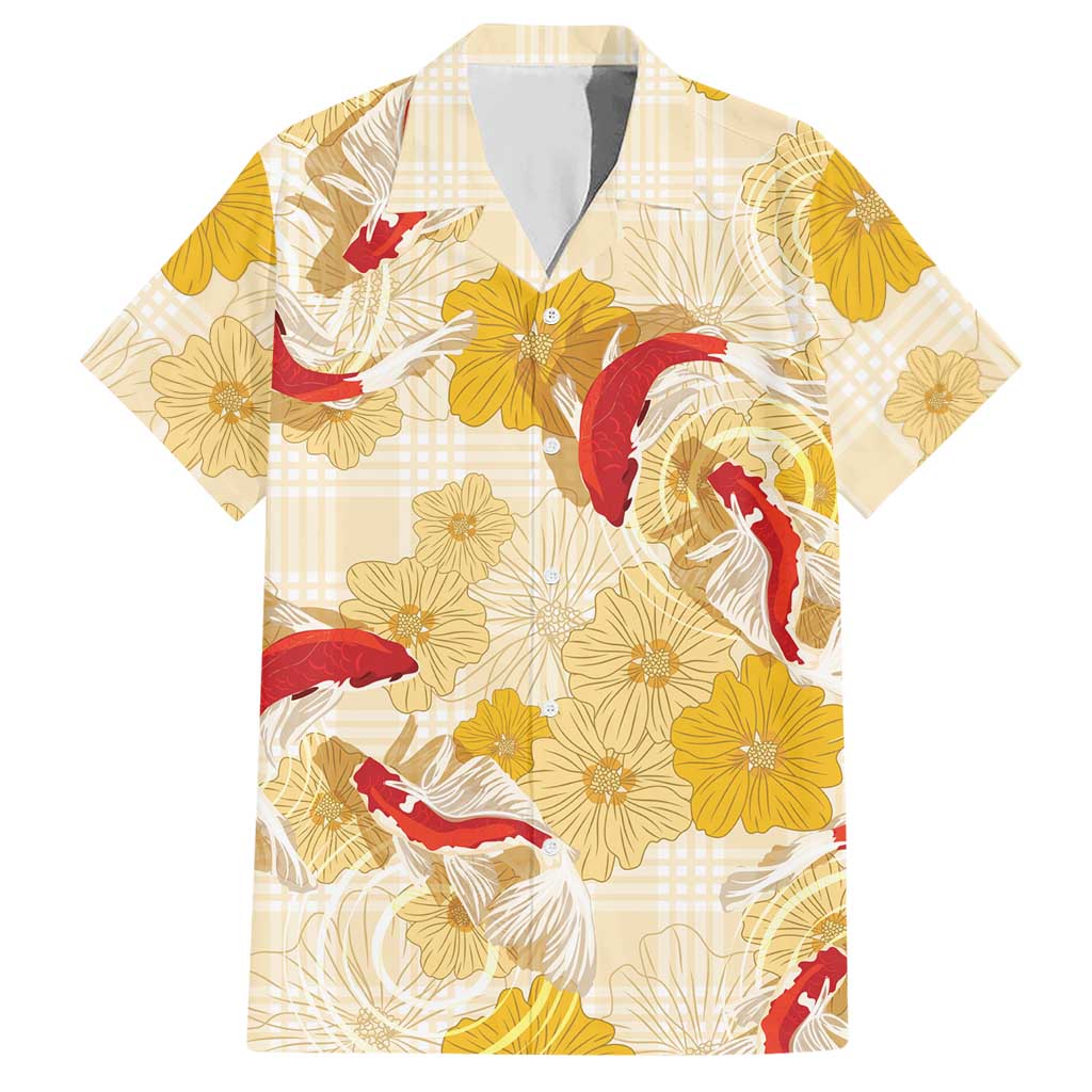 Beige Palaka Hawaii Aloha Hawaiian Shirt Koi Pond Mix Ilima Flowers - Polynesian Pride