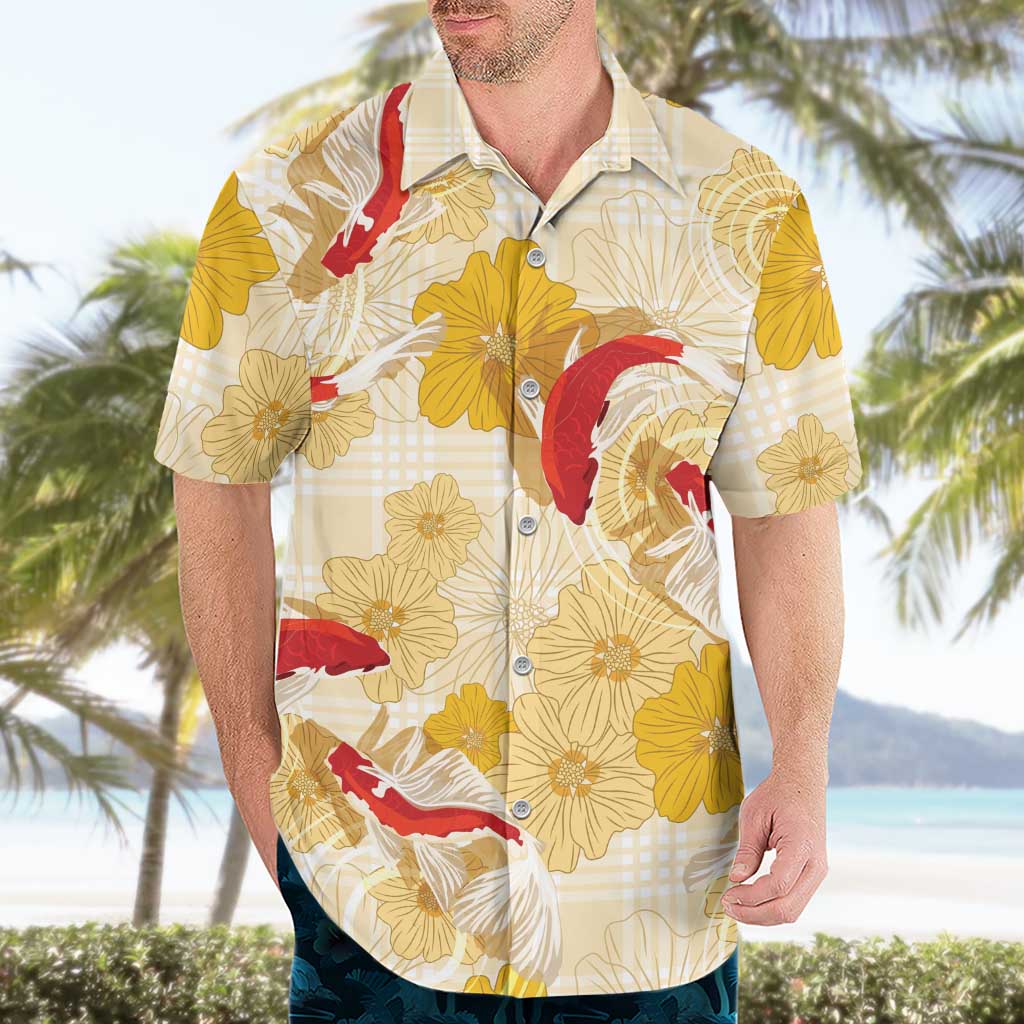 Beige Palaka Hawaii Aloha Hawaiian Shirt Koi Pond Mix Ilima Flowers - Polynesian Pride