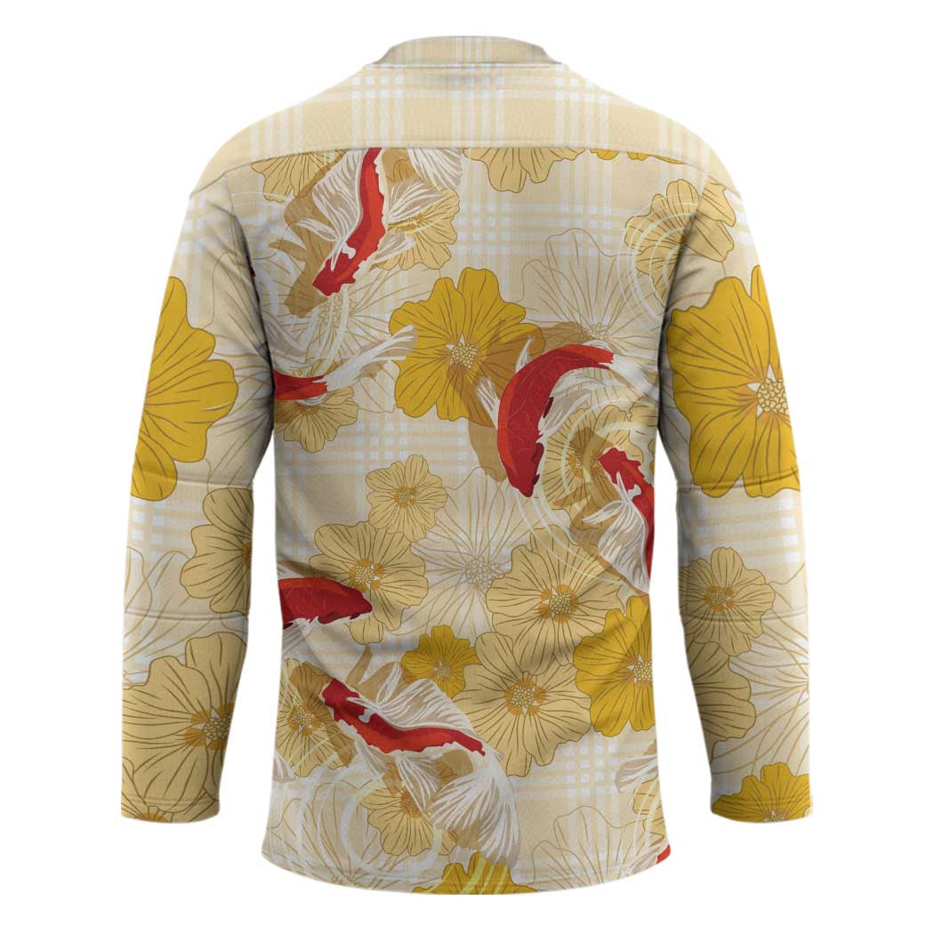 Beige Palaka Hawaii Aloha Hockey Jersey Koi Pond Mix Ilima Flowers LT7 - Polynesian Pride