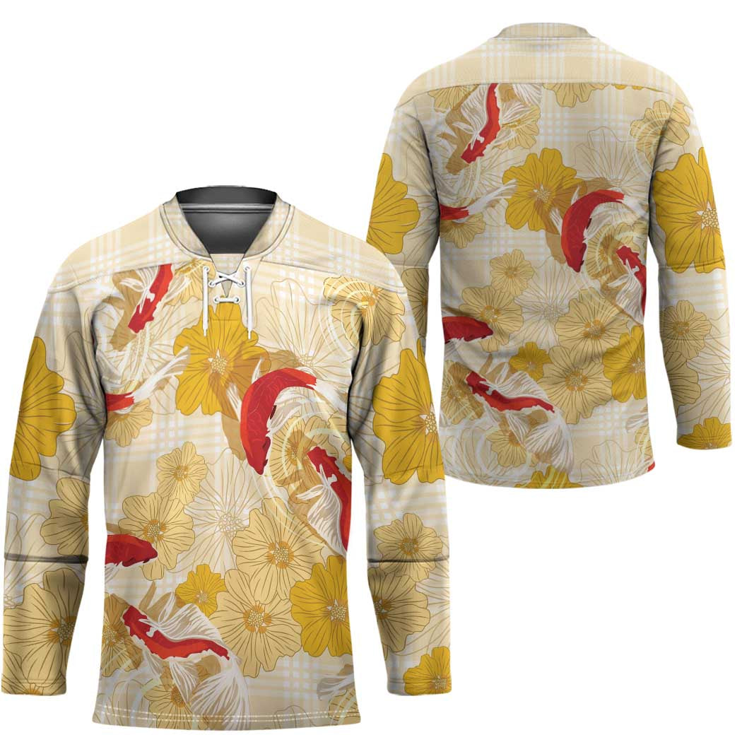 Beige Palaka Hawaii Aloha Hockey Jersey Koi Pond Mix Ilima Flowers LT7 - Polynesian Pride
