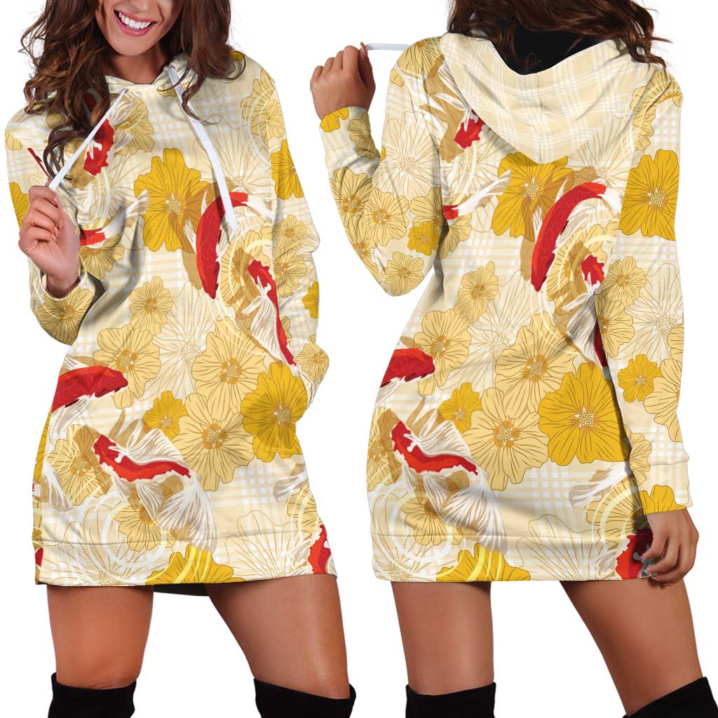Beige Palaka Hawaii Aloha Hoodie Dress Koi Pond Mix Ilima Flowers - Polynesian Pride