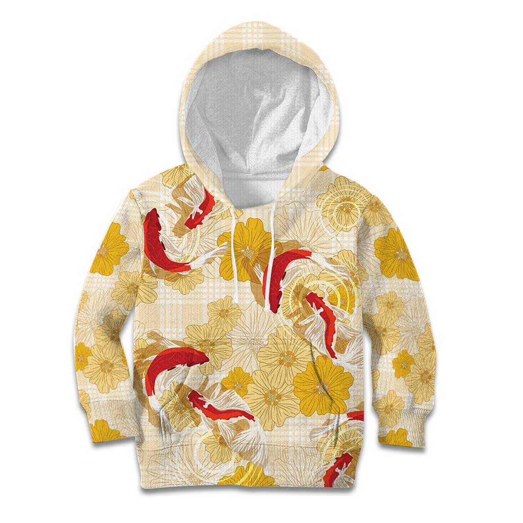 Beige Palaka Hawaii Aloha Kid Hoodie Koi Pond Mix Ilima Flowers LT7 Hoodie Cream Yellow - Polynesian Pride