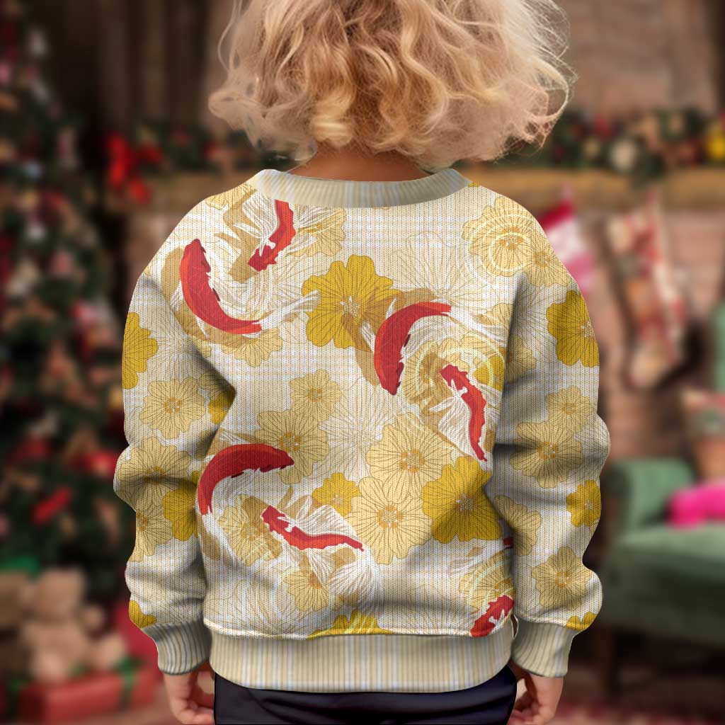 Beige Palaka Hawaii Aloha Kid Ugly Christmas Sweater Koi Pond Mix Ilima Flowers - Polynesian Pride