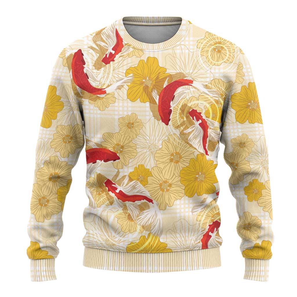 Beige Palaka Hawaii Aloha Ugly Christmas Sweater Koi Pond Mix Ilima Flowers LT7 - Polynesian Pride