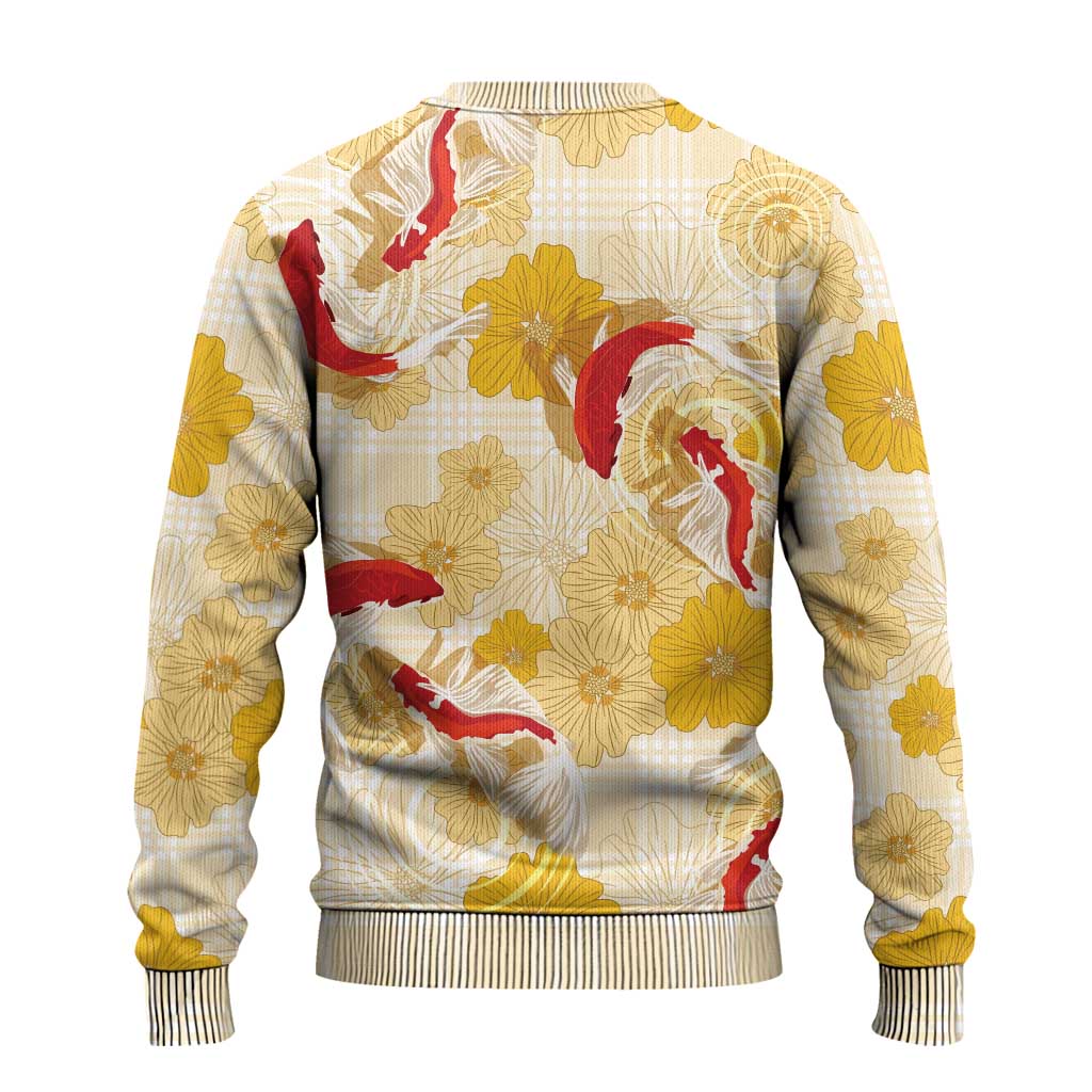 Beige Palaka Hawaii Aloha Ugly Christmas Sweater Koi Pond Mix Ilima Flowers LT7 - Polynesian Pride