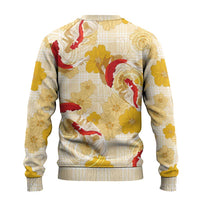 Beige Palaka Hawaii Aloha Ugly Christmas Sweater Koi Pond Mix Ilima Flowers LT7 - Polynesian Pride