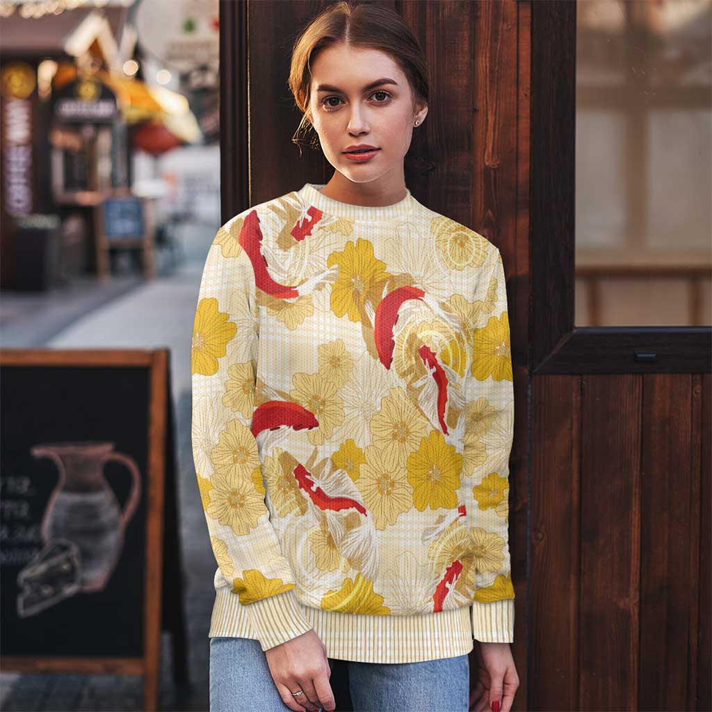 Beige Palaka Hawaii Aloha Ugly Christmas Sweater Koi Pond Mix Ilima Flowers LT7 - Polynesian Pride