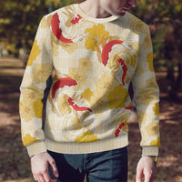 Beige Palaka Hawaii Aloha Ugly Christmas Sweater Koi Pond Mix Ilima Flowers LT7 - Polynesian Pride