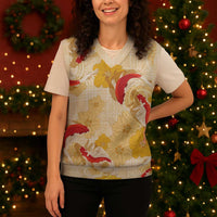 Beige Palaka Hawaii Aloha Christmas Knitted V-Neck Vest Koi Pond Mix Ilima Flowers LT7 - Polynesian Pride