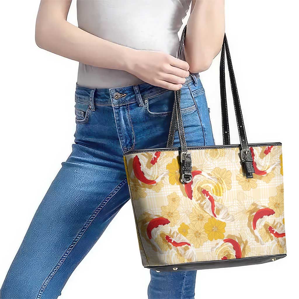 Beige Palaka Hawaii Aloha Leather Tote Bag Koi Pond Mix Ilima Flowers - Polynesian Pride