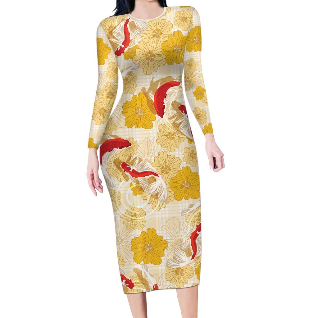 Beige Palaka Hawaii Aloha Long Sleeve Bodycon Dress Koi Pond Mix Ilima Flowers LT7 Long Dress Cream Yellow - Polynesian Pride